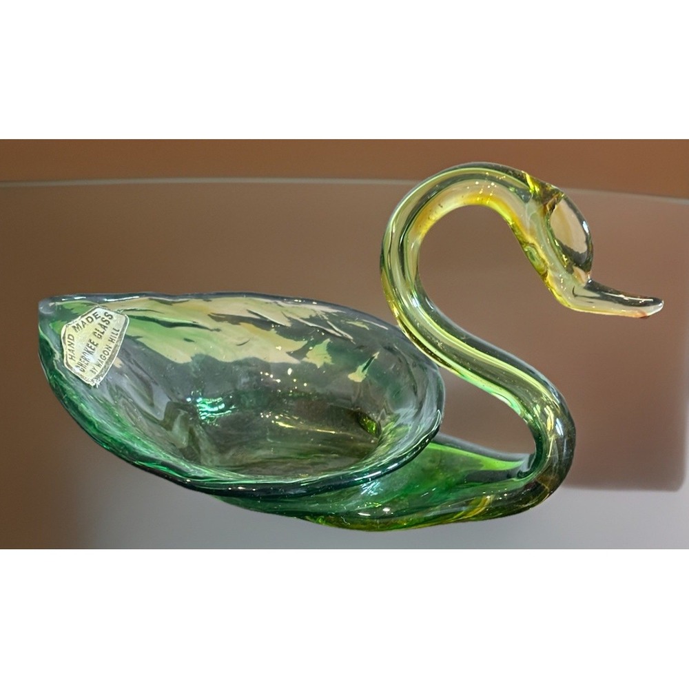 Vtg Cherokee Blown Art Glass Swan by Wagon Hill Trinket Dish MCM Hand Made Green